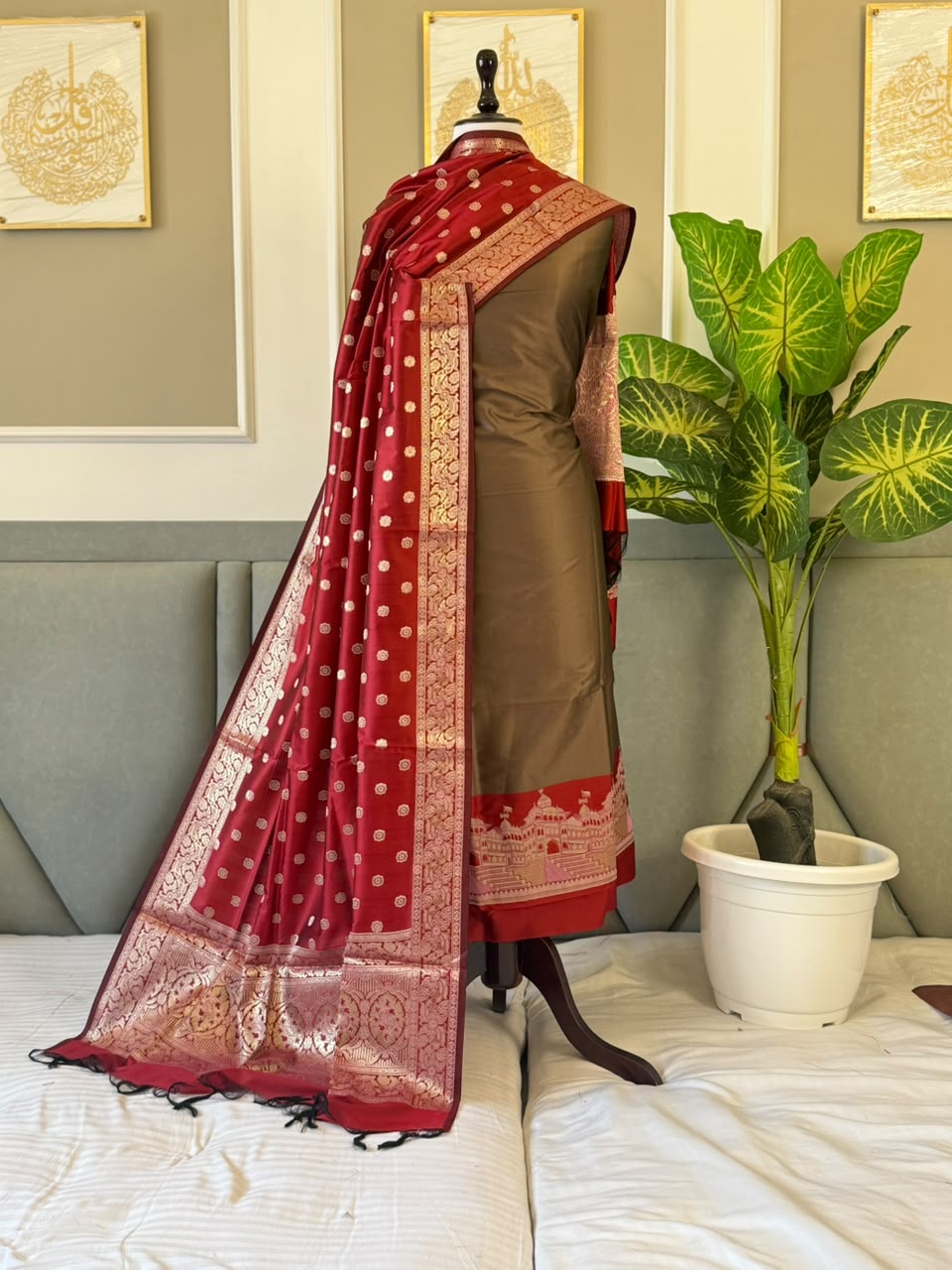 Light Brown Alfi Katan Silk Ghat Daman Banarasi Suit With Contrast Red Zari Booti Dupatta 160PNJ_KSG4