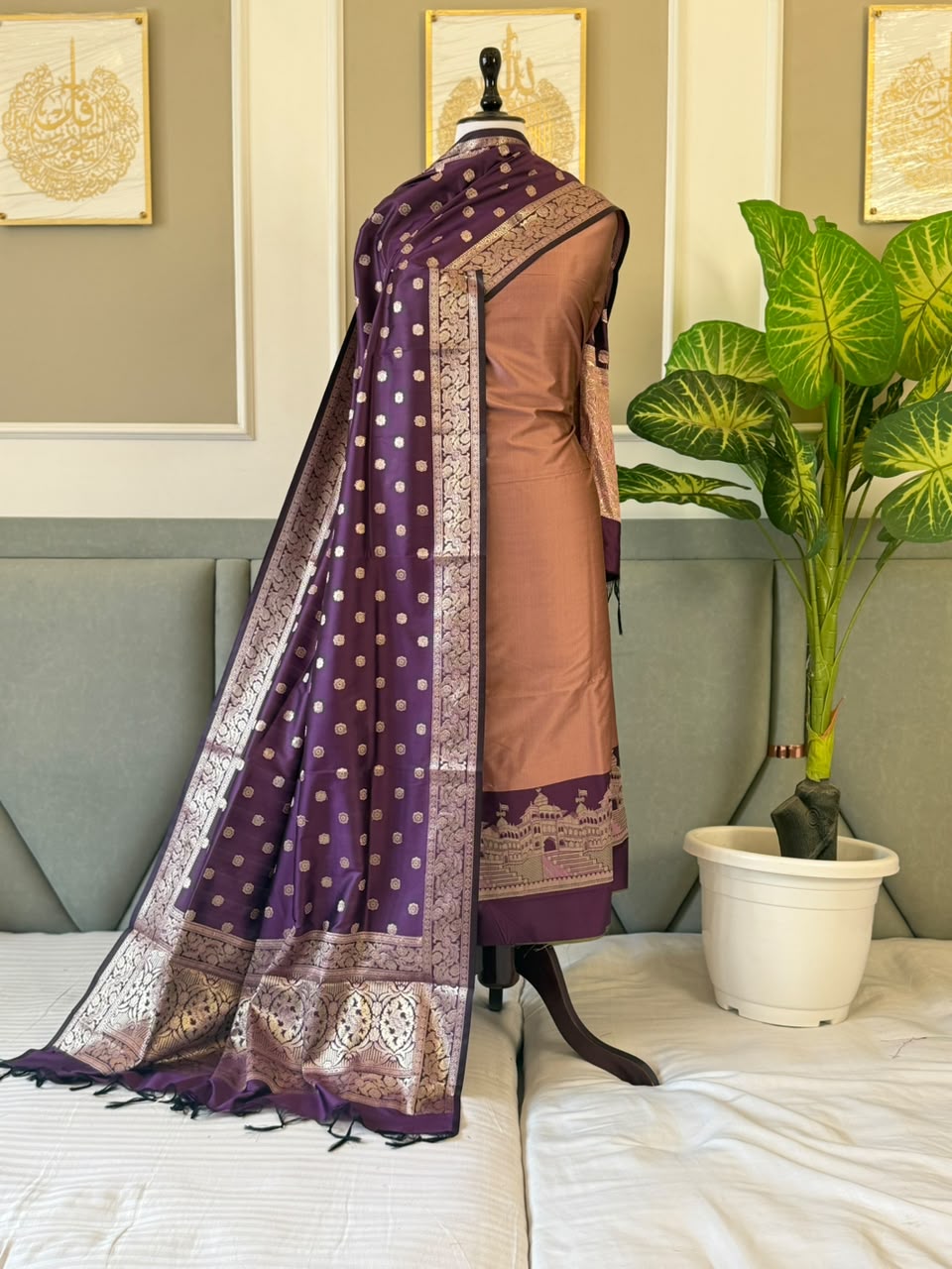 Copper Pink Alfi Katan Silk Ghat Daman Banarasi Suit With Contrast Purple Zari Booti Dupatta 160PNJ_KSG5