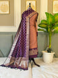 Copper Pink Alfi Katan Silk Ghat Daman Banarasi Suit With Contrast Purple Zari Booti Dupatta 160PNJ_KSG5