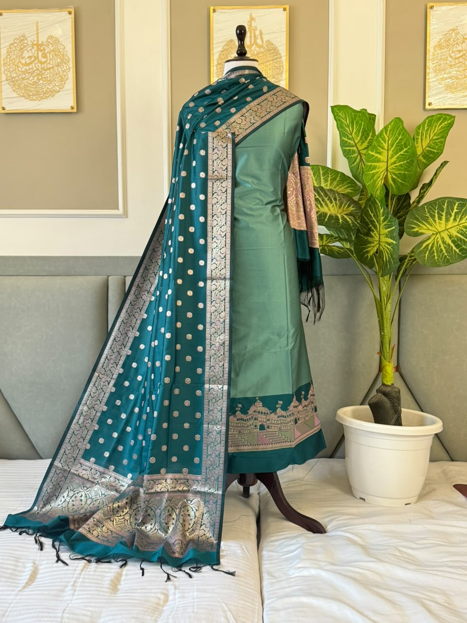 Mint Green Alfi Katan Silk Ghat Daman Banarasi Suit With Contrast Teal Green Zari Booti Dupatta 160PNJ_KSG6