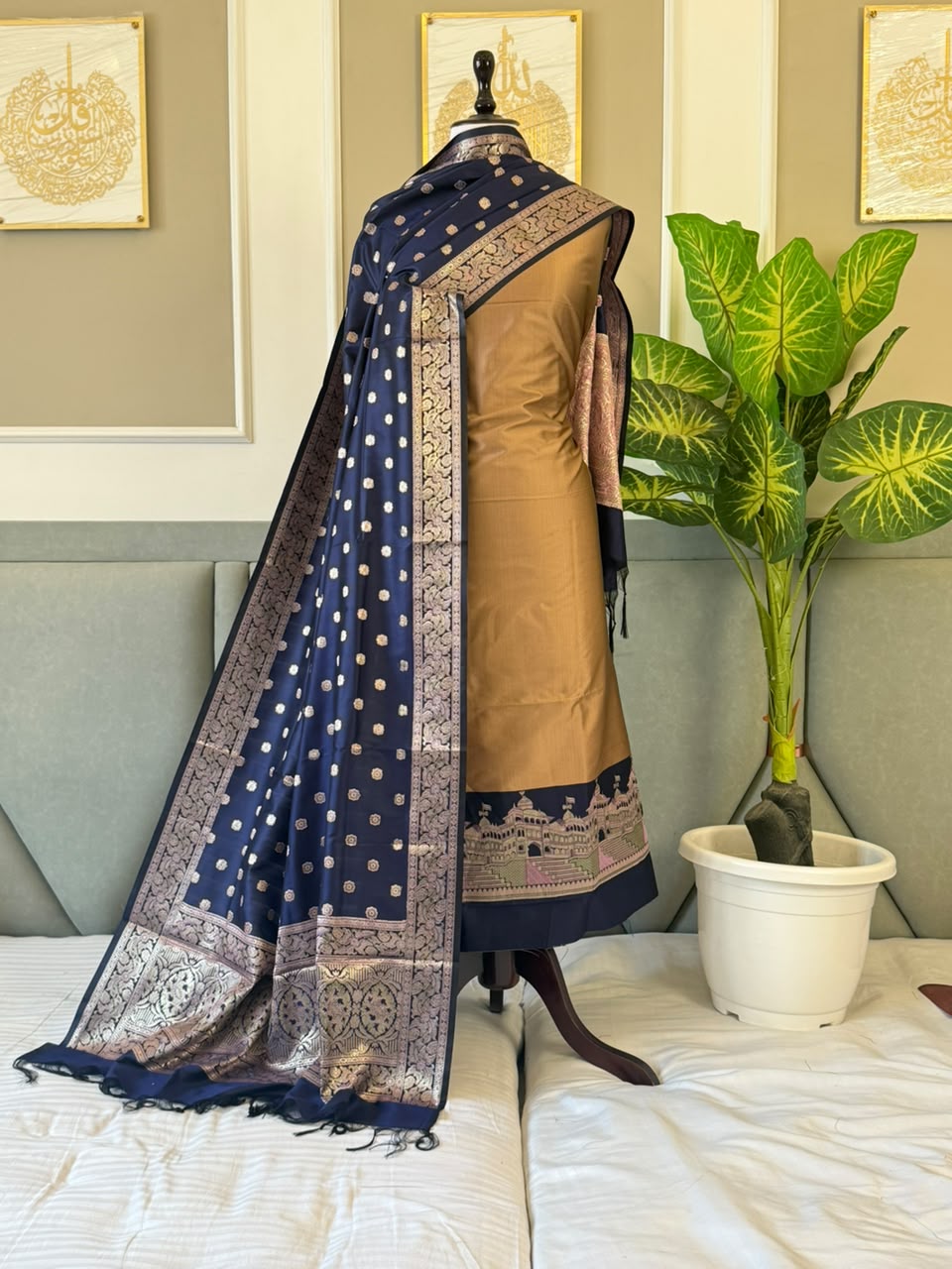 Mustard Gold Alfi Katan Silk Ghat Daman Banarasi Suit With Contrast Navy Blue Zari Booti Dupatta 160PNJ_KSG7