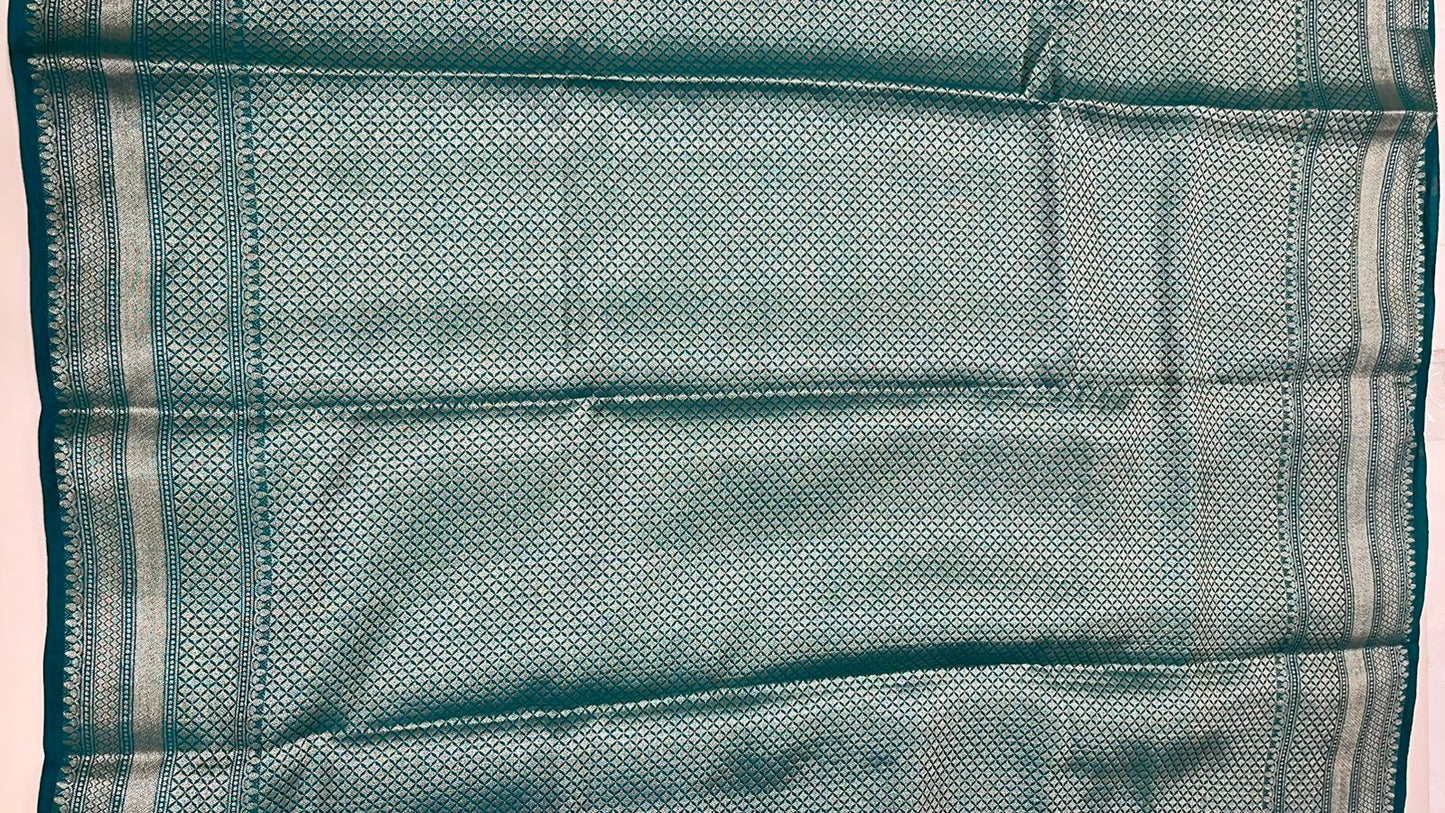 Exquisite Elegance: Faishana Pure Silk Handloom Sea Green Munga Silk Zari Mina Booti with Minakari Jaal Anchal Zari Border Saree &amp; Sea green Blouse Piece