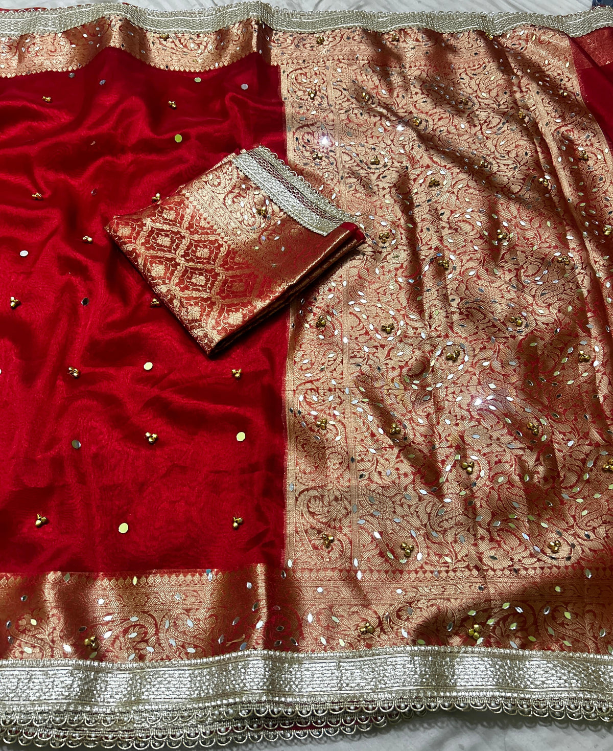 Red Glass Tissue Silk Ghungroo mirror work with Lace work Katban Border Banarasi Saree 180AM_TG2