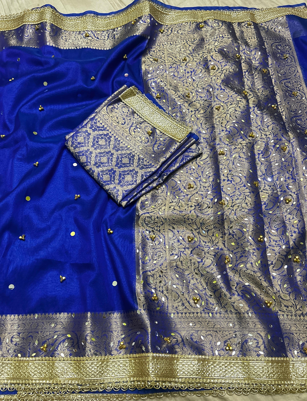 Blue Glass Tissue Silk Ghungroo mirror work with Lace work Katban Border Banarasi Saree 180AM_TG3