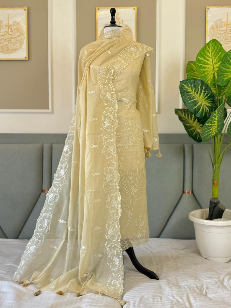 Light Yellow Mal Chanderi Floral Embroidered Banarasi Suit With Embroidered Dupatta 180PNJ_MCE3