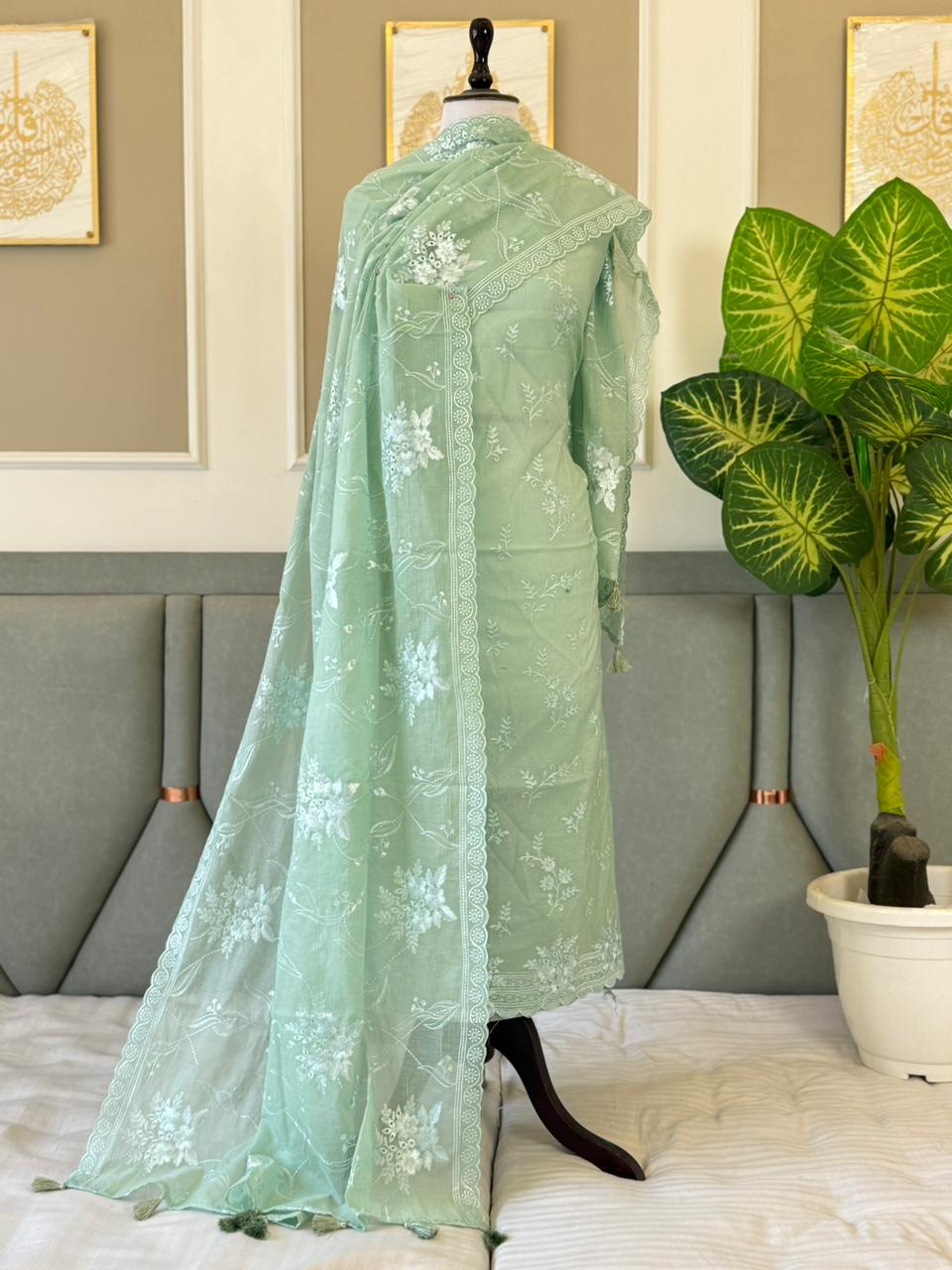 Seagreen Mal Chanderi Embroider Work Banarasi Suit With Embroidered Dupatta 180PNJ_MCE8