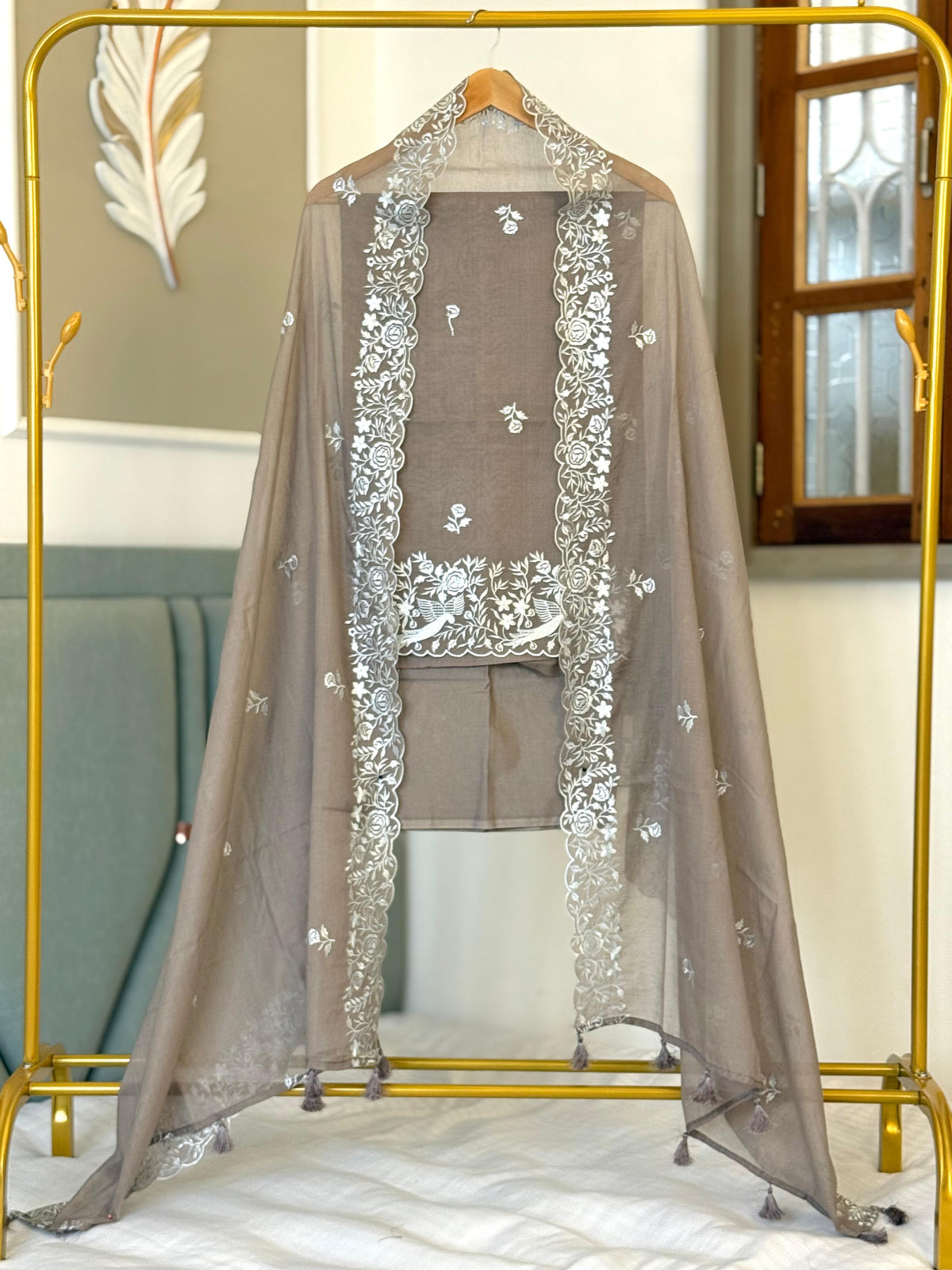 Taupe Brown Mal Chanderi Banarasi Suit With Embroidery Booti & Daman Border Dupatta 180PNJ_MCP4