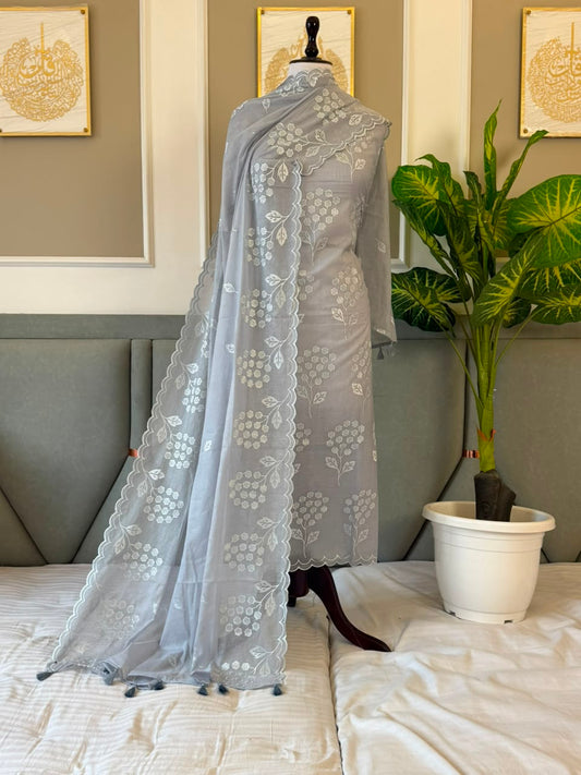 Grey Mal Chanderi Thread Embroidery Boota Banarasi Suit With Embroidered Dupatta 180PNJ_MLE6