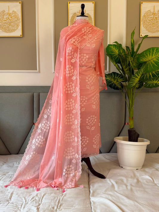 Peach Mal Chanderi Thread Embroidery Boota Banarasi Suit With Embroidered Dupatta 180PNJ_MLE7