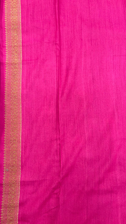 Faishana Pure Silk Handloom Purple Muga Silk Zari Mina Floral Booti Contrast Magenta Anchal Copper Zari Border Banarasi Saree with Magenta Blouse