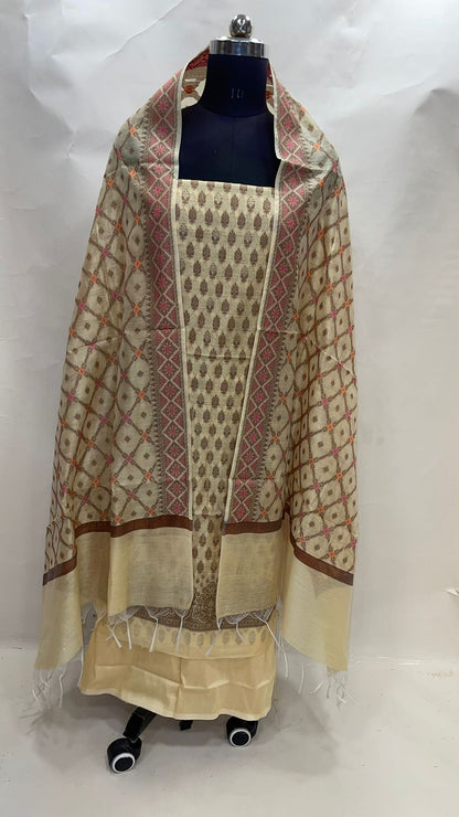 Faishana Presents Light Yellow Cotton Resham Copper Zari 3pcs Suit Set accompanied with Plain Bottom and Top Copper Zari Booti with Light Yellow Mina Barfi Jaal Dupatta