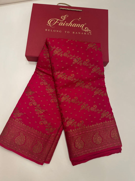Ravishing Elegance: Faishana's Pure Silk Handloom Munga Silk Saree with Copper Zari Diagonal Jaal Mina Booti Paisley Zari Border & Pink Blouse