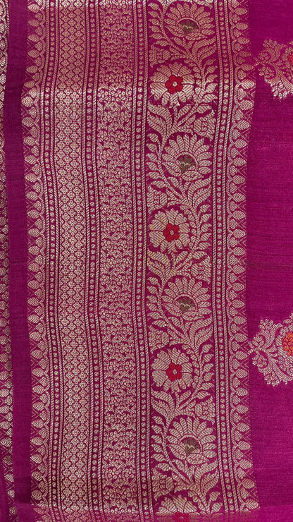 Faishana Pure Silk Handloom Pink Pure Muga Silk Zari Mina Booti Minakari Jaal Pallu with Minakari Zari Border Banarasi Saree with Pink Blouse