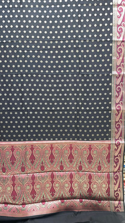 Classic Elegance: Faishana's Pure Silk Handloom Black Chiniya Silk with Gold Zari Booti and Tilfi Anchal Zari Border with Black Blouse Piece