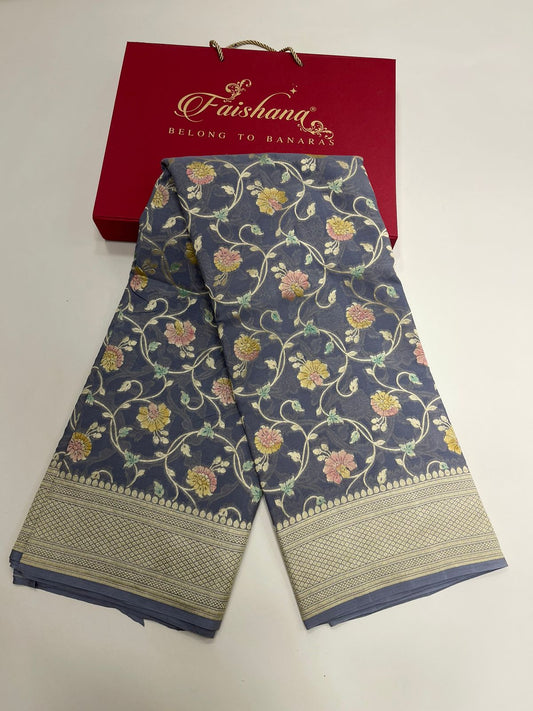 Faishana Pure Silk Handloom Exquisite Grey Khaddi Georgette Hand Brush Floral Zari Kadhwa Jaal with Banarasi Zari Border with Grey Blouse