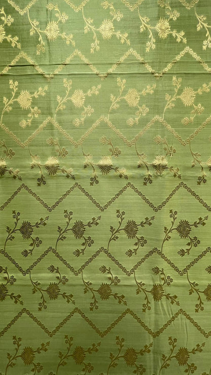 Faishana Presents: Exquisite Pure Silk Handloom Pistachio Chiniya Silk Tilfi Zari Jaal Zig-Zag Banarasi Saree with Minakari Zari Border & Matching Blouse Piece