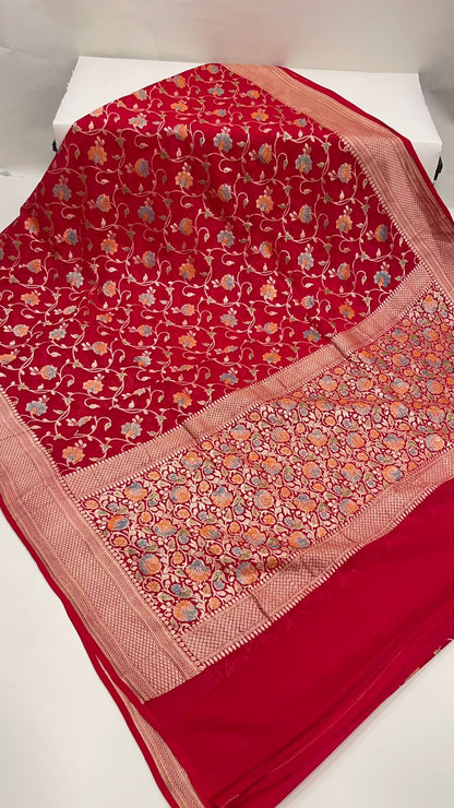 Faishana Pure Silk Handloom Exquisite Red Khaddi Georgette Hand Brush Floral Zari Kadhwa Jaal with Banarasi Zari Border with Red Blouse