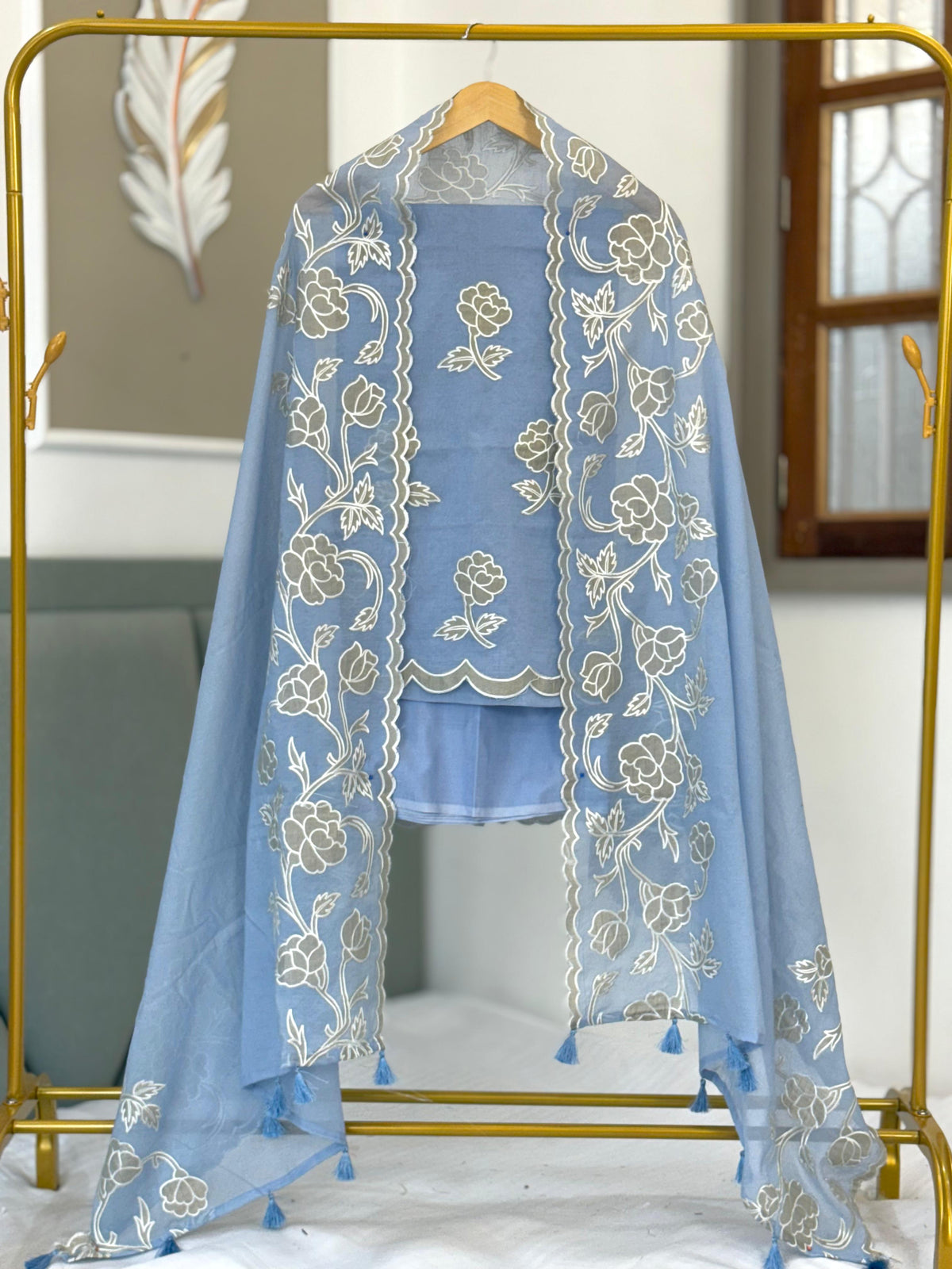 Light Blue Mal Chanderi Tissue Applique Boota Banarasi Suit With Applique Border Dupatta 200PNJ_MTA1