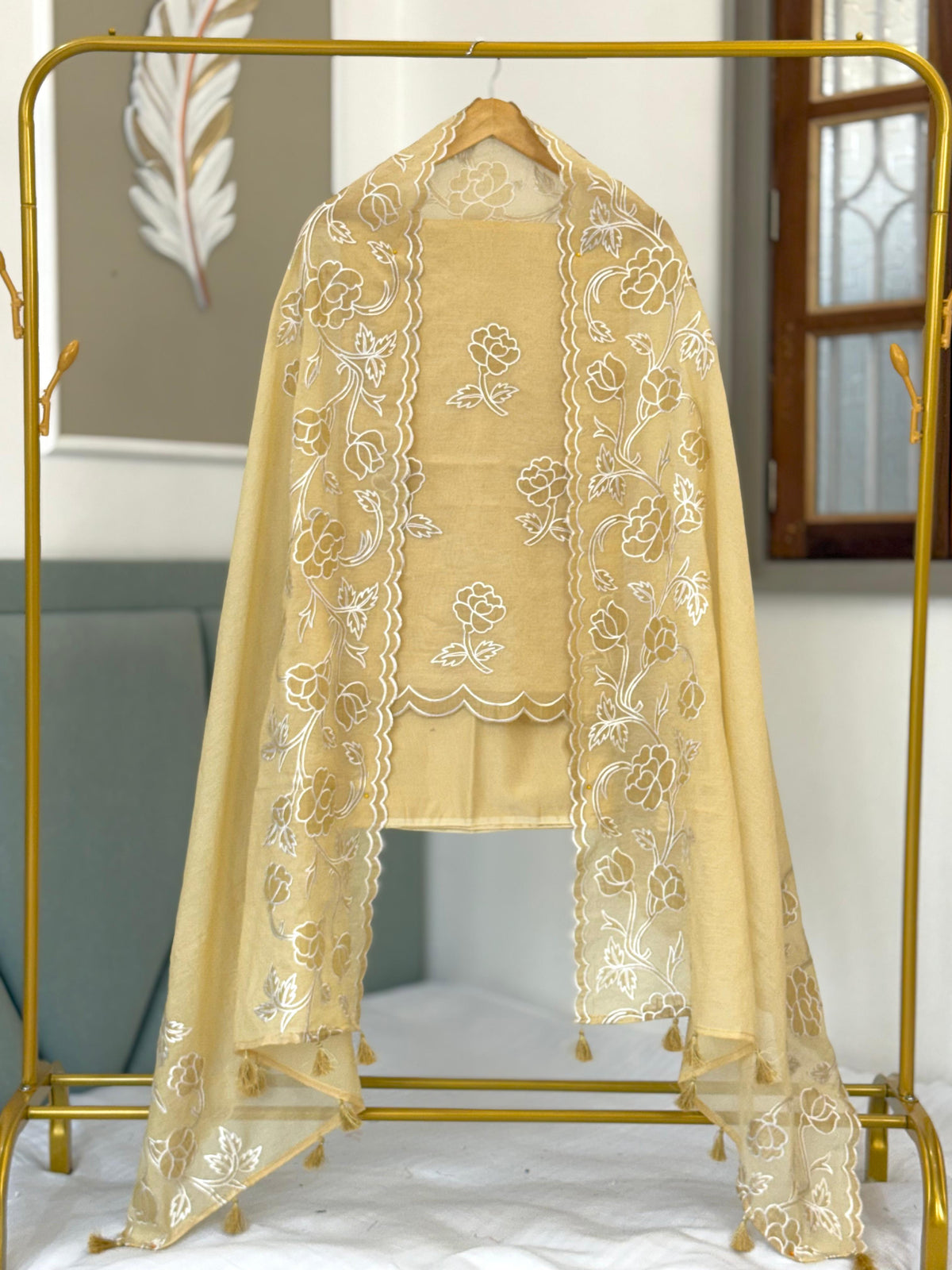 Mustard Gold Mal Chanderi Tissue Applique Boota Banarasi Suit With Applique Border Dupatta 200PNJ_MTA2