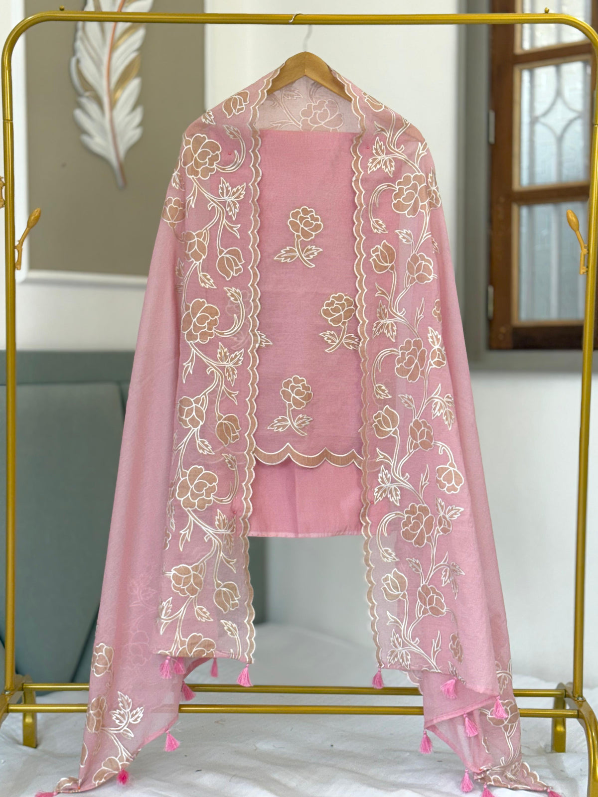 Rose Pink Mal Chanderi Tissue Applique Boota Banarasi Suit With Applique Border Dupatta 200PNJ_MTA3