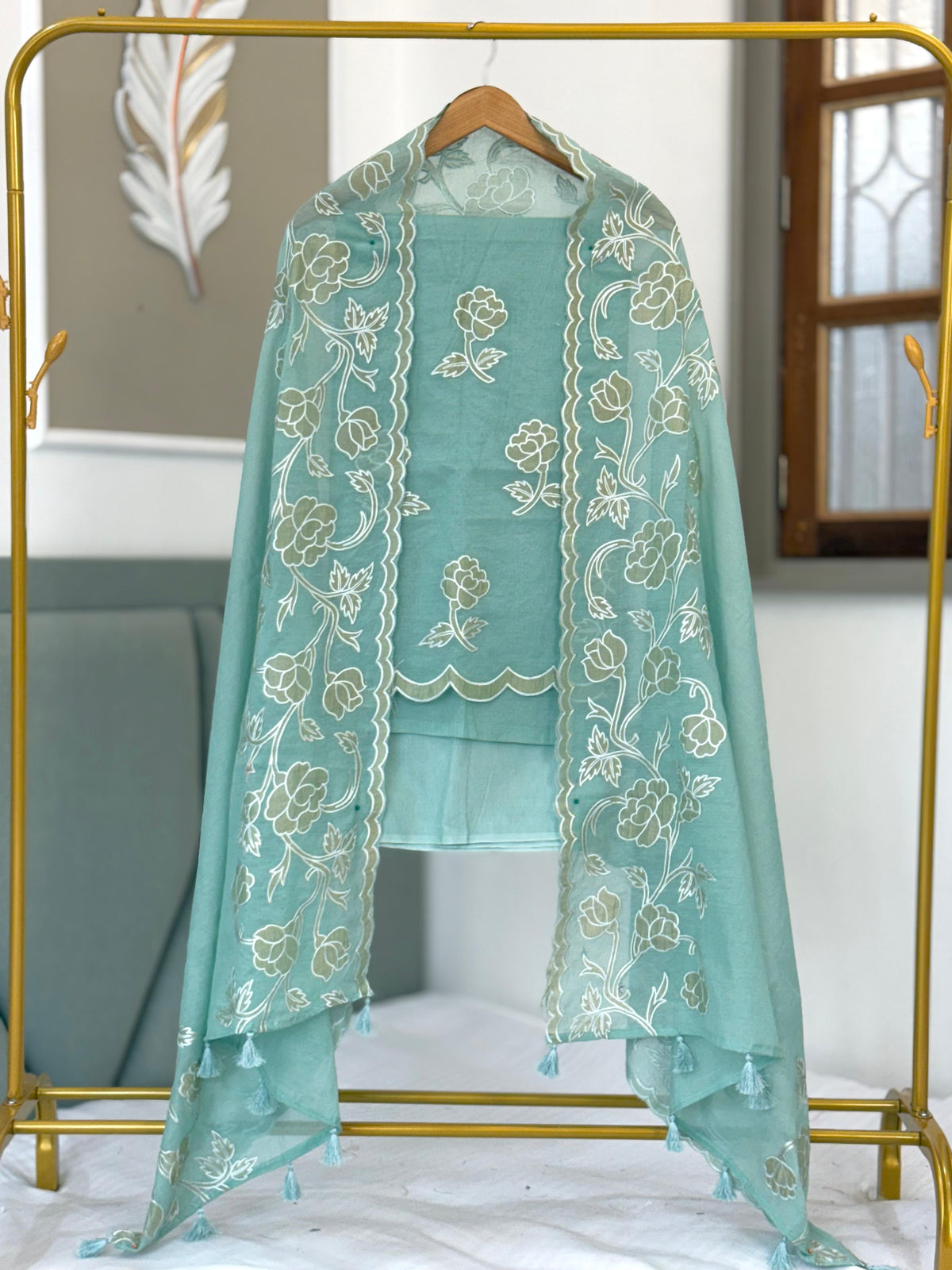 Seagreen Mal Chanderi Tissue Applique Boota Banarasi Suit With Applique Border Dupatta 200PNJ_MTA4