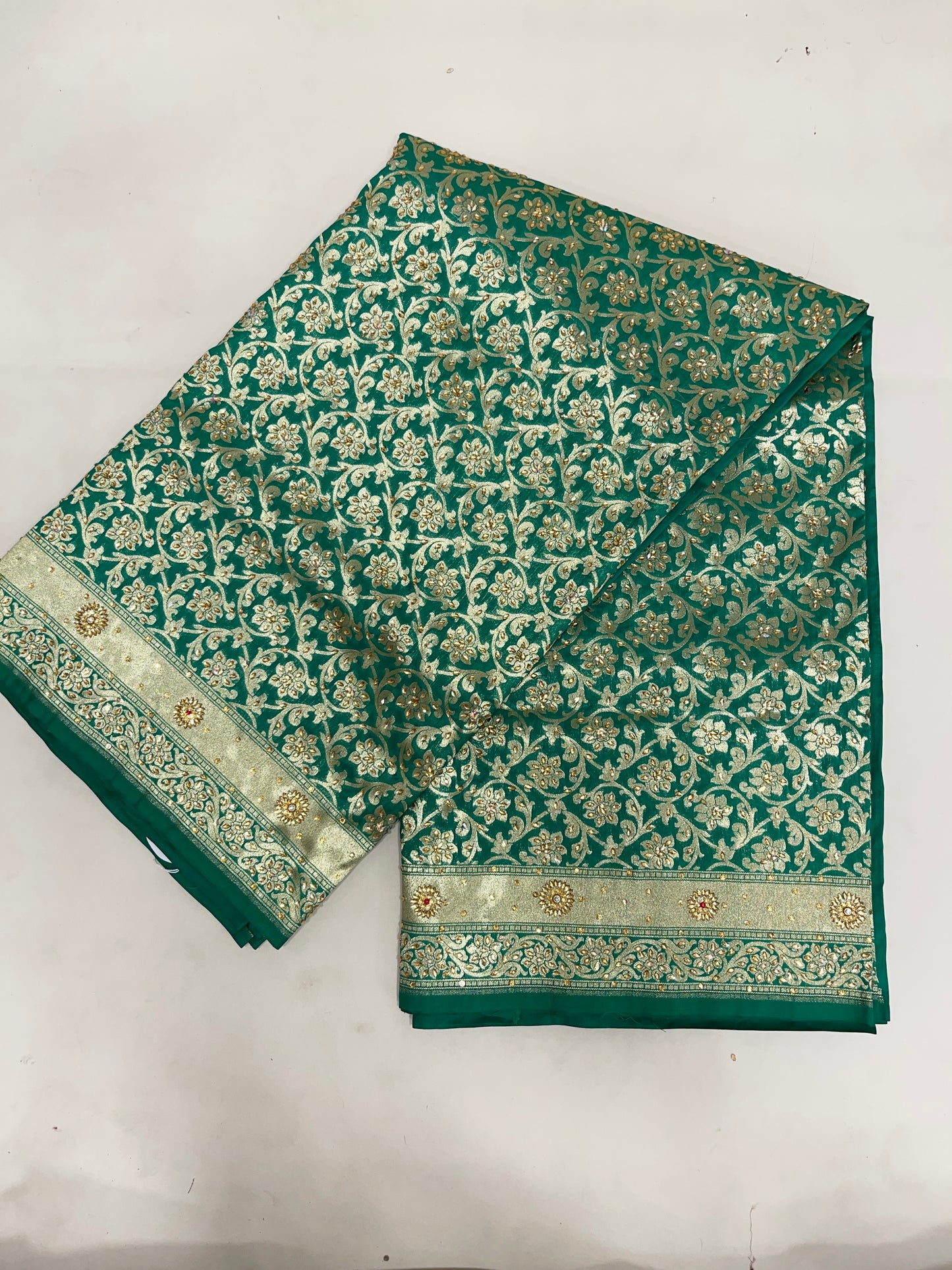 Faishana Presents a Green Satin Silk Stone Work Golden Zari Floral Jaal with Lehariya Jaal Pallu Zari Border Banarasi Saree and Green Blouse