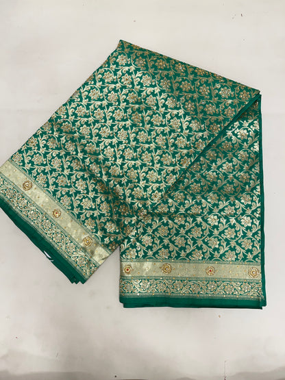 Faishana Presents a Green Satin Silk Stone Work Golden Zari Floral Jaal with Lehariya Jaal Pallu Zari Border Banarasi Saree and Green Blouse