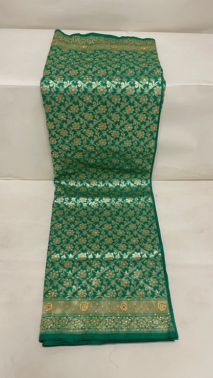 Faishana Presents a Green Satin Silk Stone Work Golden Zari Floral Jaal with Lehariya Jaal Pallu Zari Border Banarasi Saree and Green Blouse