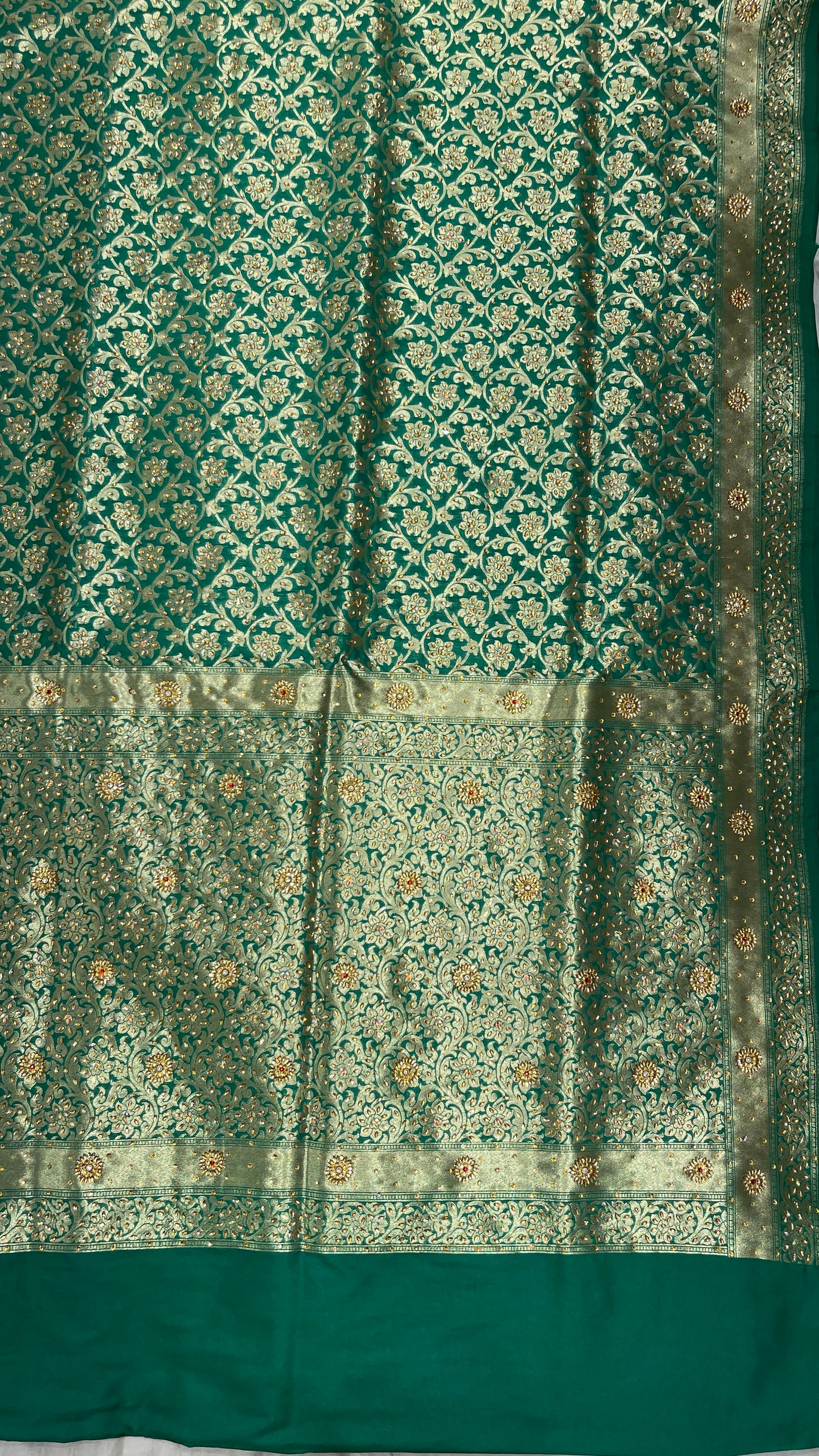Faishana Presents a Green Satin Silk Stone Work Golden Zari Floral Jaal with Lehariya Jaal Pallu Zari Border Banarasi Saree and Green Blouse