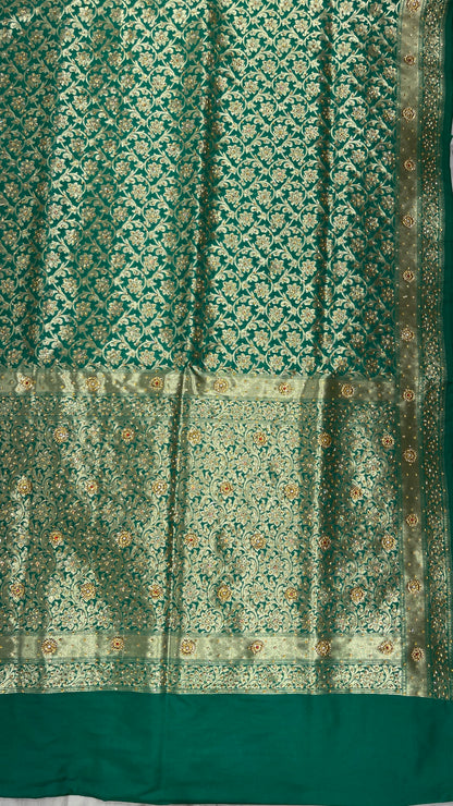Faishana Presents a Green Satin Silk Stone Work Golden Zari Floral Jaal with Lehariya Jaal Pallu Zari Border Banarasi Saree and Green Blouse