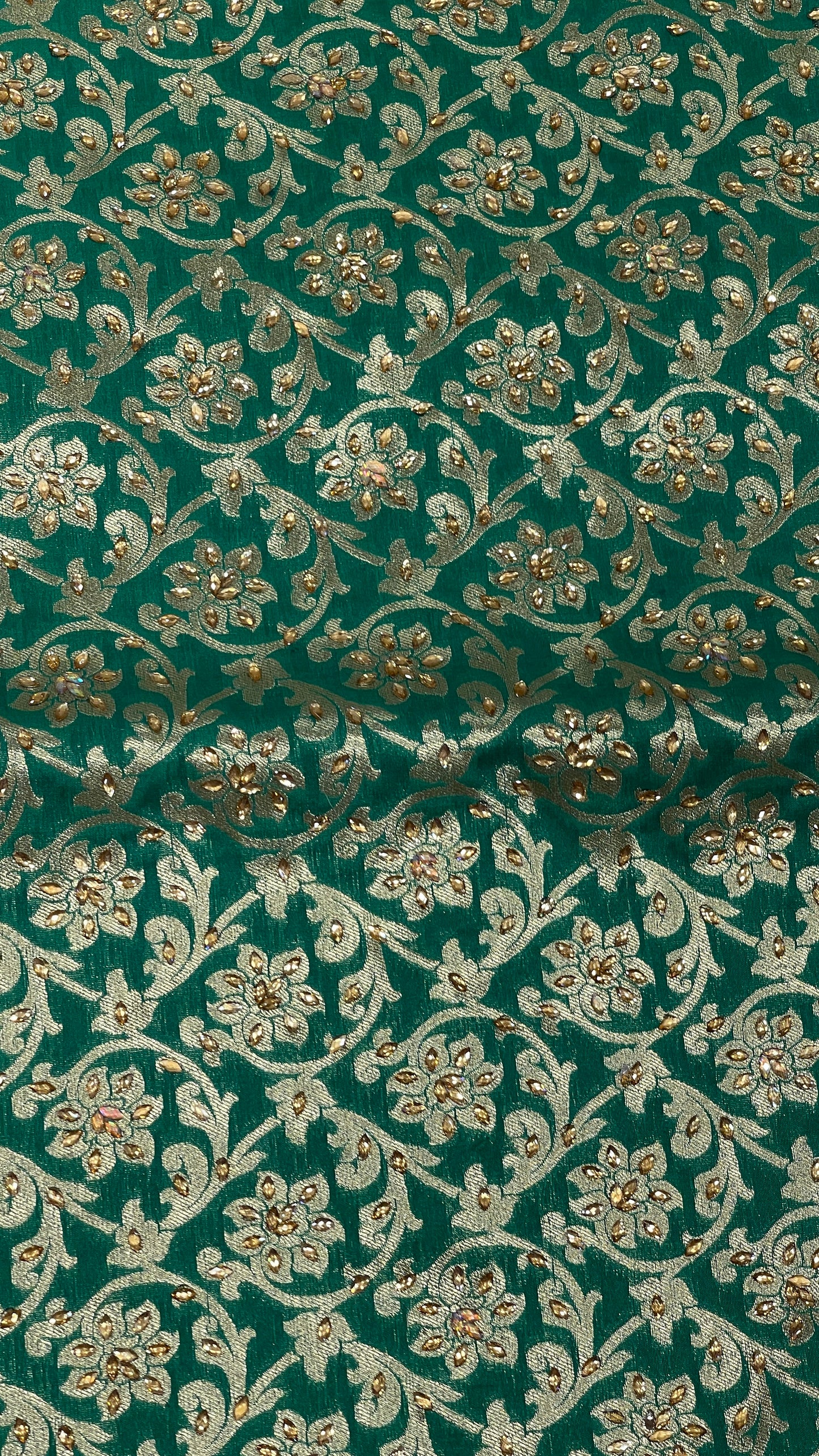 Faishana Presents a Green Satin Silk Stone Work Golden Zari Floral Jaal with Lehariya Jaal Pallu Zari Border Banarasi Saree and Green Blouse