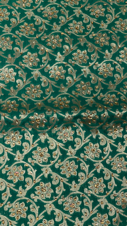 Faishana Presents a Green Satin Silk Stone Work Golden Zari Floral Jaal with Lehariya Jaal Pallu Zari Border Banarasi Saree and Green Blouse