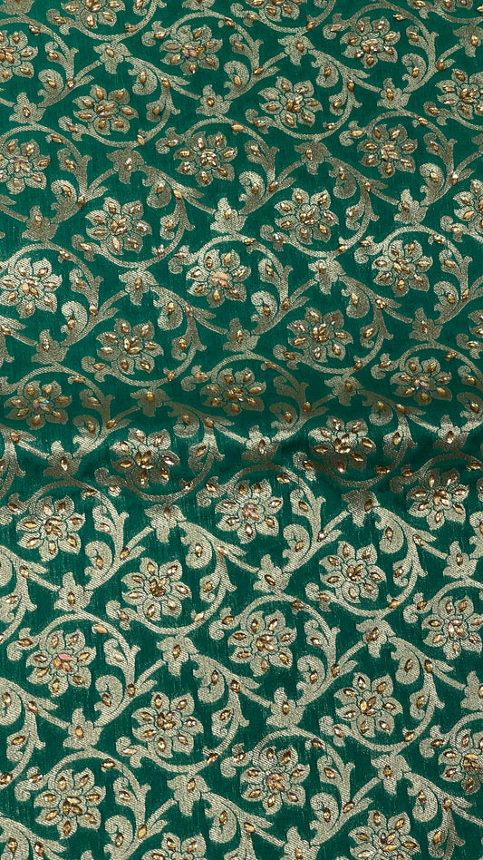 Faishana Presents a Green Satin Silk Stone Work Golden Zari Floral Jaal with Lehariya Jaal Pallu Zari Border Banarasi Saree and Green Blouse
