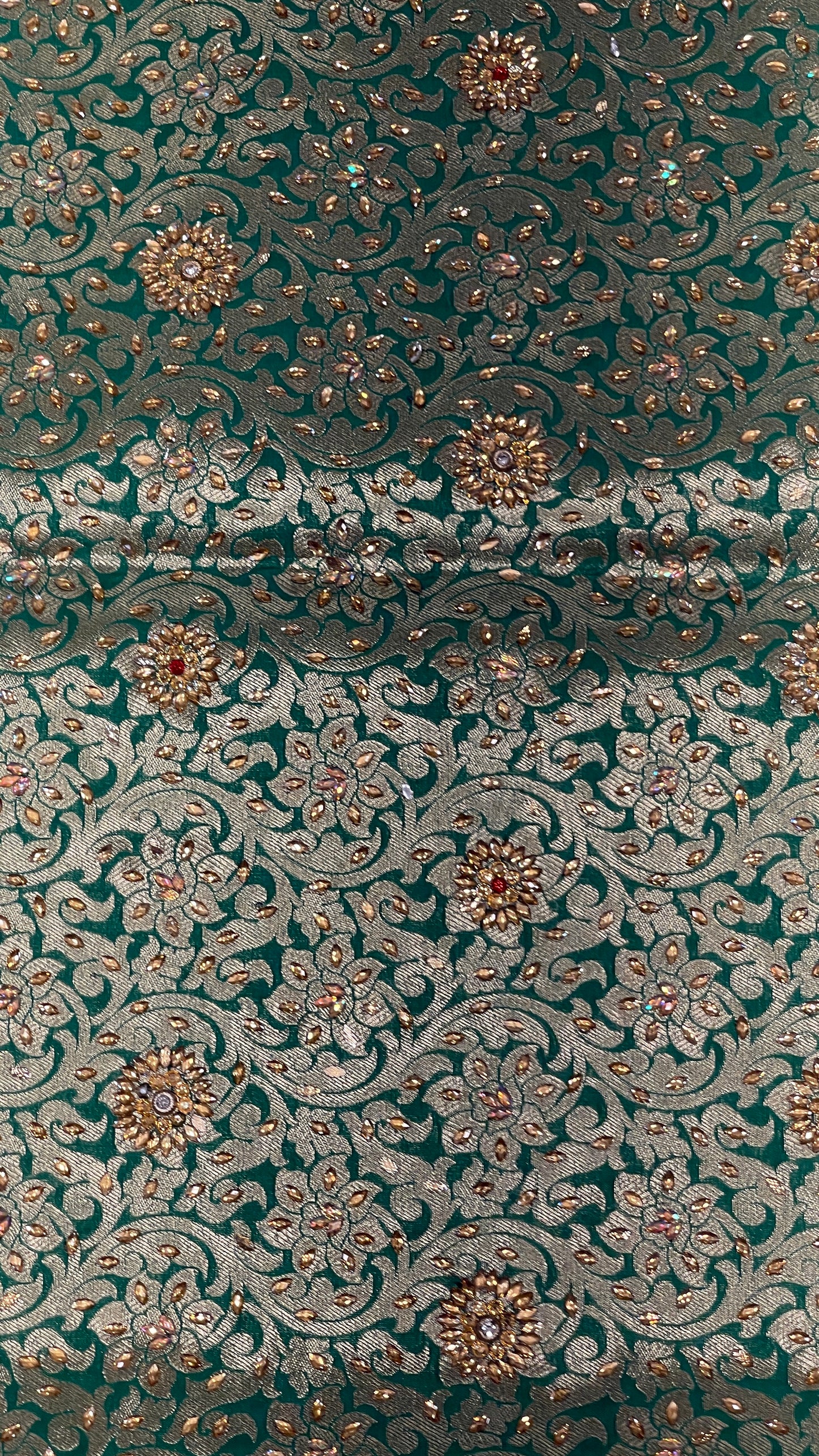 Faishana Presents a Green Satin Silk Stone Work Golden Zari Floral Jaal with Lehariya Jaal Pallu Zari Border Banarasi Saree and Green Blouse