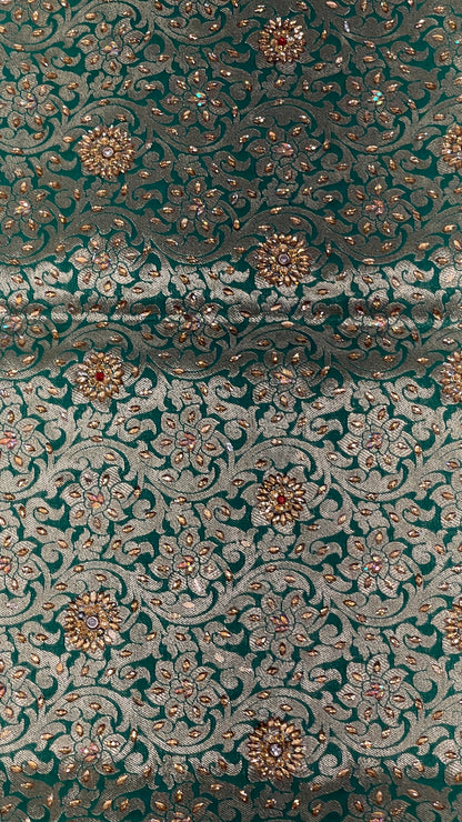 Faishana Presents a Green Satin Silk Stone Work Golden Zari Floral Jaal with Lehariya Jaal Pallu Zari Border Banarasi Saree and Green Blouse