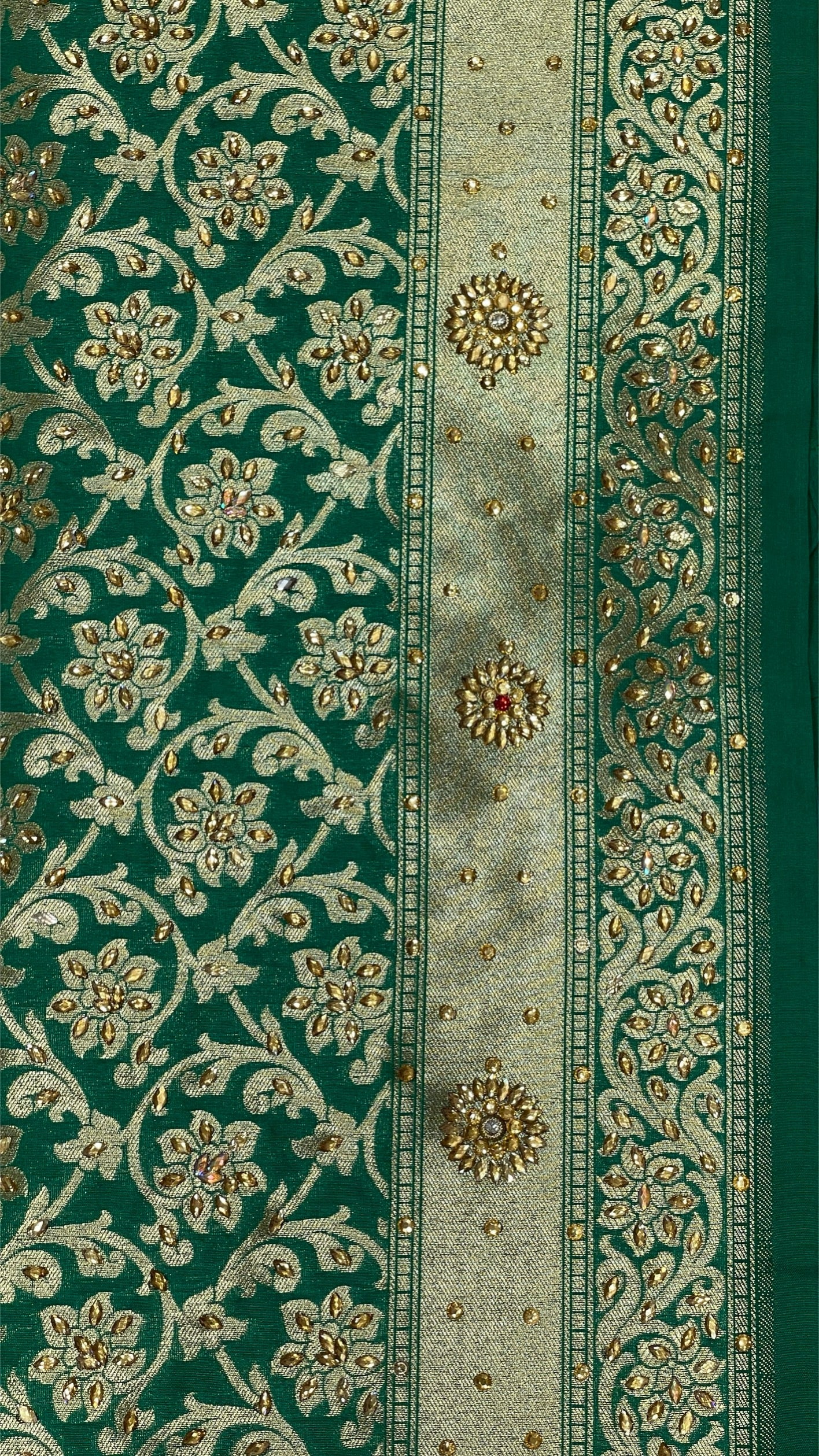 Faishana Presents a Green Satin Silk Stone Work Golden Zari Floral Jaal with Lehariya Jaal Pallu Zari Border Banarasi Saree and Green Blouse