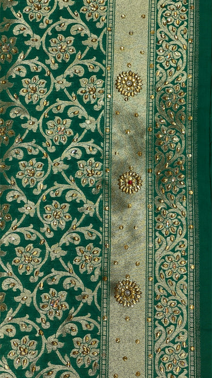 Faishana Presents a Green Satin Silk Stone Work Golden Zari Floral Jaal with Lehariya Jaal Pallu Zari Border Banarasi Saree and Green Blouse