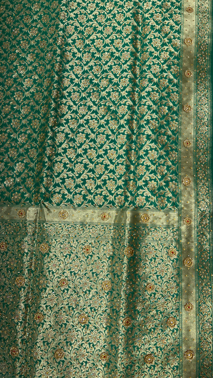 Faishana Presents a Green Satin Silk Stone Work Golden Zari Floral Jaal with Lehariya Jaal Pallu Zari Border Banarasi Saree and Green Blouse