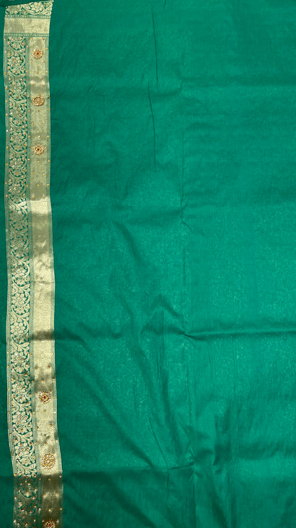 Faishana Presents a Green Satin Silk Stone Work Golden Zari Floral Jaal with Lehariya Jaal Pallu Zari Border Banarasi Saree and Green Blouse
