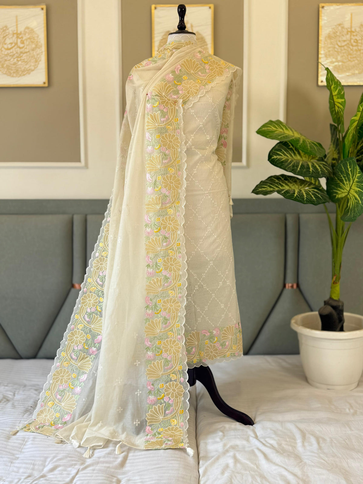 Tussar Mal Chanderi Tissue Applique Embroidery Banarasi Suit With Applique Border Dupatta 220PNJ_MLA11