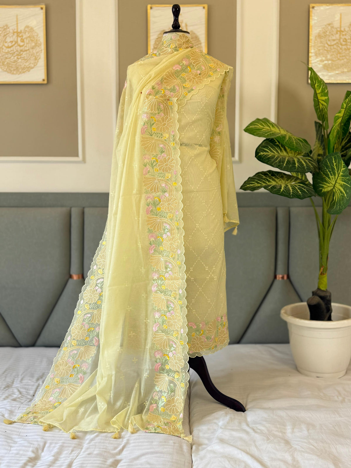 Light Yellow Mal Chanderi Tissue Applique Embroidery Banarasi Suit With Applique Border Dupatta 220PNJ_MLA12
