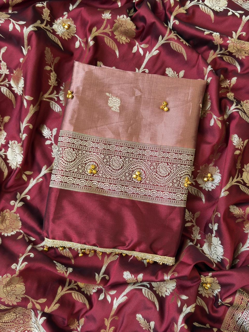 Dusty Rose Silk Zari Booti With Ghungroo And Lace Work Banarasi Suit 220PNJ_SG1