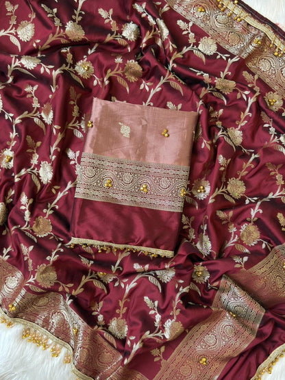 Dusty Rose Silk Zari Booti With Ghungroo And Lace Work Banarasi Suit 220PNJ_SG1