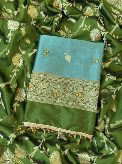 Aqua Green Silk Zari Booti With Ghungroo And Lace Work Banarasi Suit 220PNJ_SG3