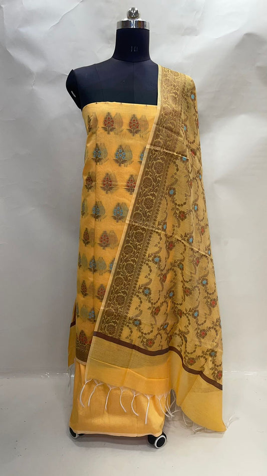 Faishana Presents Yellow Cotton Resham Copper Zari 3pcs Suit Set accompanied with Plain Bottom and Top Copper Zari Cotton Small Mina Boota with Yellow Mina Jaal Dupatta