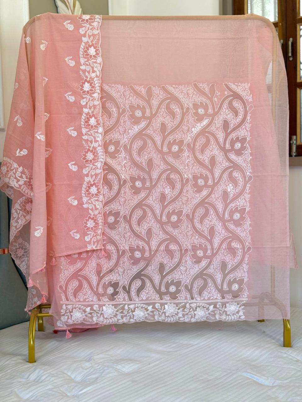 Peach Mal Chanderi Thread Embroidery Applique Jaal Banarasi Suit With Thread Embroidery Dupatta 225PNJ_MLA2