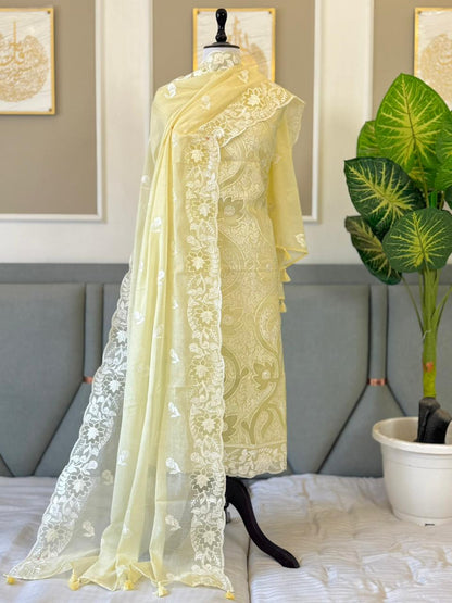 Light Yellow Mal Chanderi Thread Embroidery Applique Jaal Banarasi Suit With Thread Embroidery Dupatta 225PNJ_MLA4