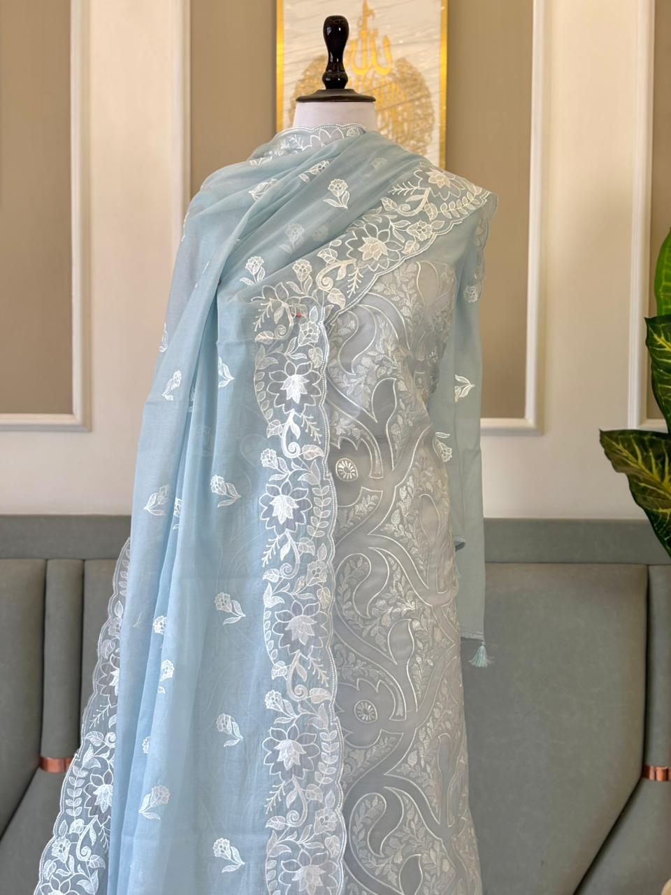Light Blue Mal Chanderi Thread Embroidery Applique Jaal Banarasi Suit With Thread Embroidery Dupatta 225PNJ_MLA5