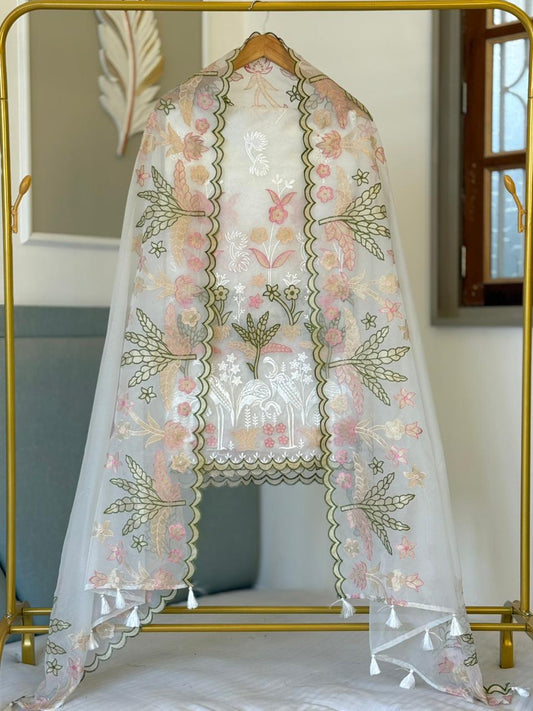 White Organza Tissue Applique Multi Embroidery Banarasi Suit With Applique Dupatta 22PNJ_OG2