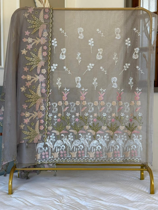 Grey Organza Tissue Applique Multi Embroidery Banarasi Suit With Applique Dupatta 22PNJ_OG3